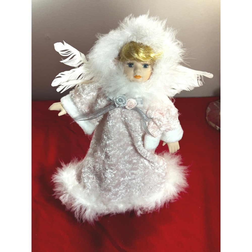 Vintage Russ Berrie Porcelain Angel Wind Up Musical Doll Amazing Grace Pink Fur
